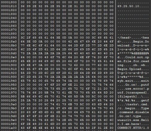 Figure 2: Hex view of Sample 1.exe showing plaintext strings including the hardcoded C2 IP, protocol markers, and process names visible without unpacking.